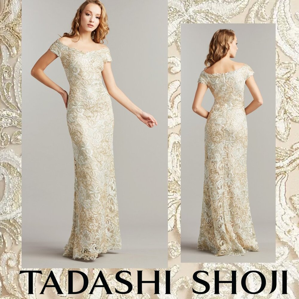 TADASHI SHOJI Gold & Cream Blanchett Metallic V-Neck Gown